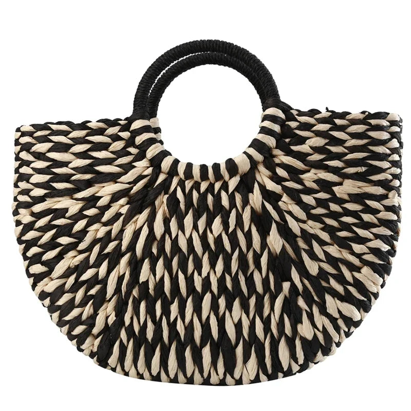 Black and White Round Wicker Basket Bag