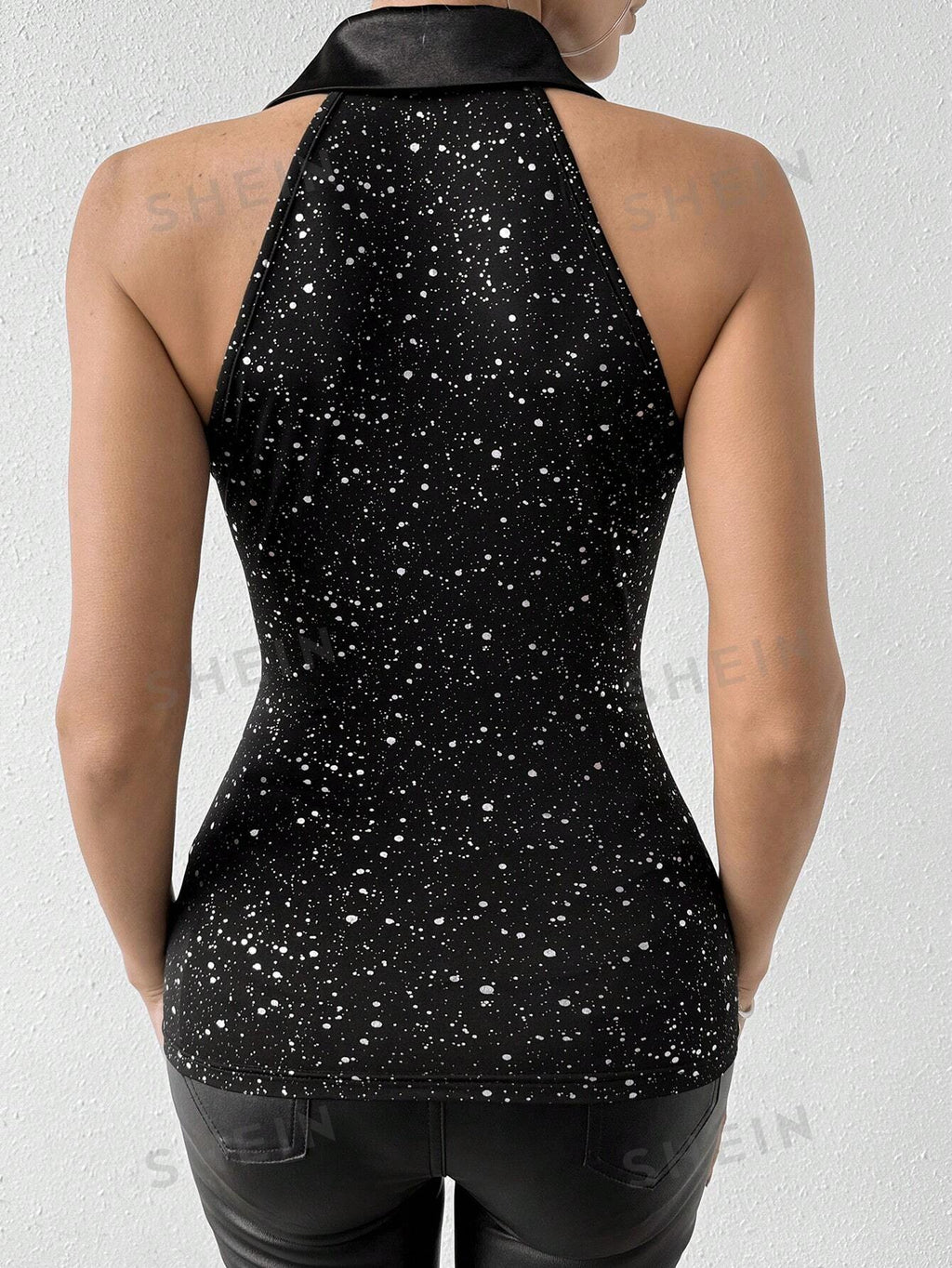 Allurite Women's Lapel Sequined Camisole Top