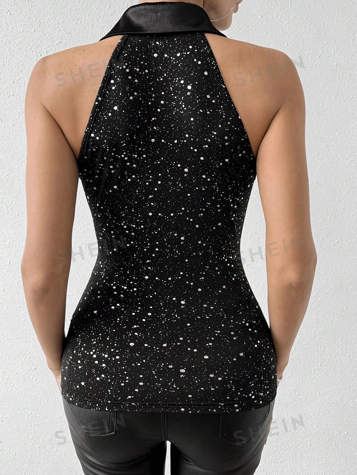 Allurite Women's Lapel Sequined Camisole Top