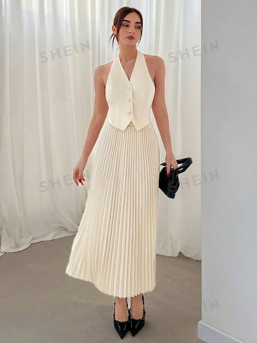 Aloruh Ladies' Valentine's Day Halter Neck Single Breasted Vest And Pleated Skirt Two Piece Set