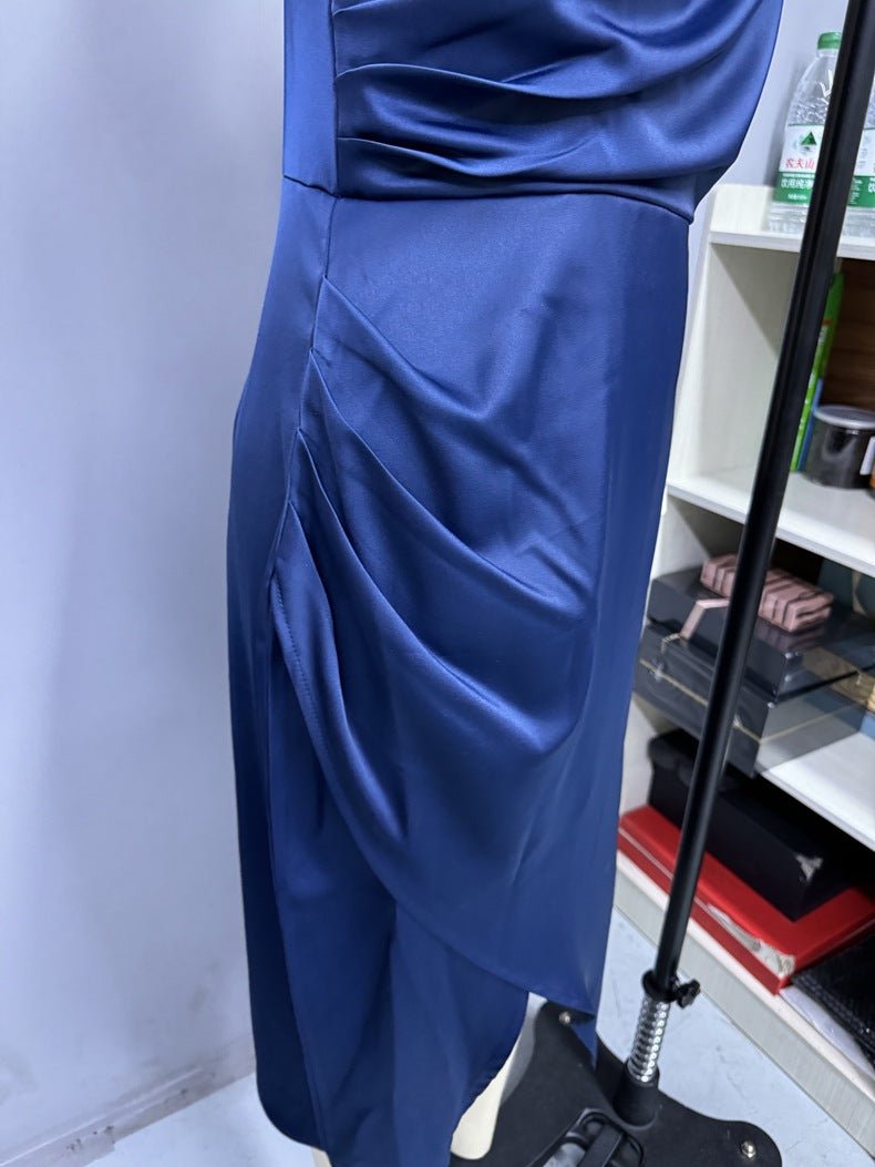 The Satin Starlet | Women's V-Neck Slit Satin Suspender Midi Dress