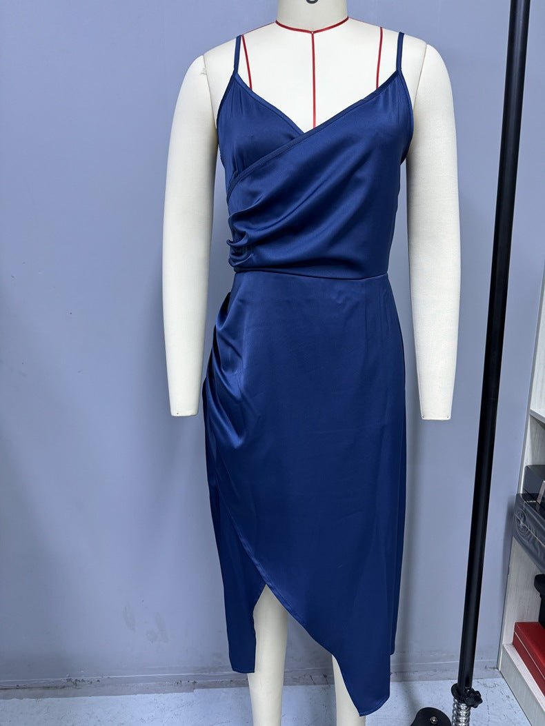 The Satin Starlet | Women's V-Neck Slit Satin Suspender Midi Dress