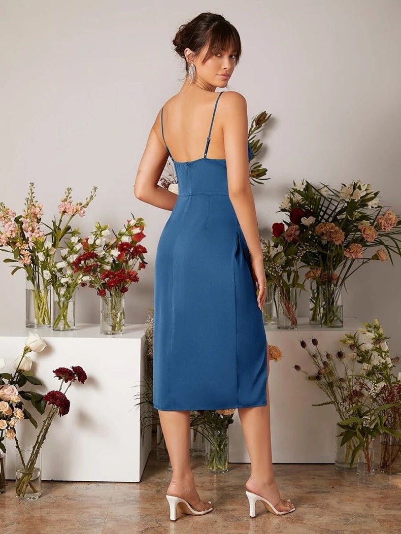 The Satin Starlet | Women's V-Neck Slit Satin Suspender Midi Dress