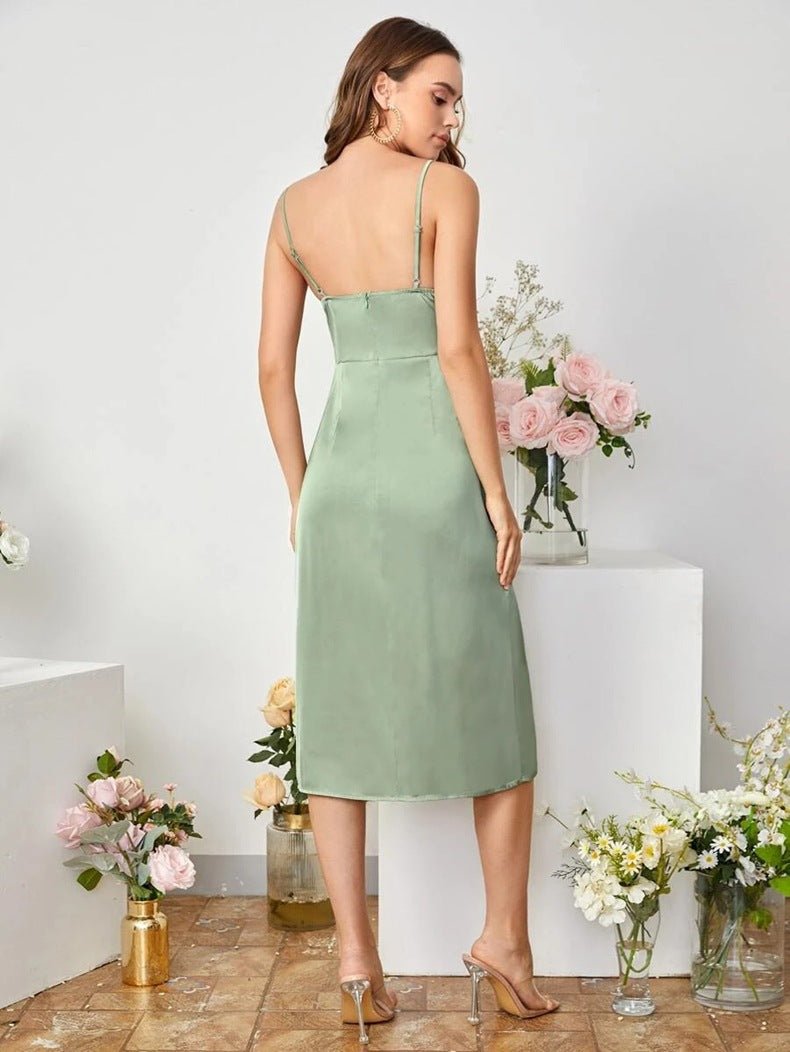 The Satin Starlet | Women's V-Neck Slit Satin Suspender Midi Dress