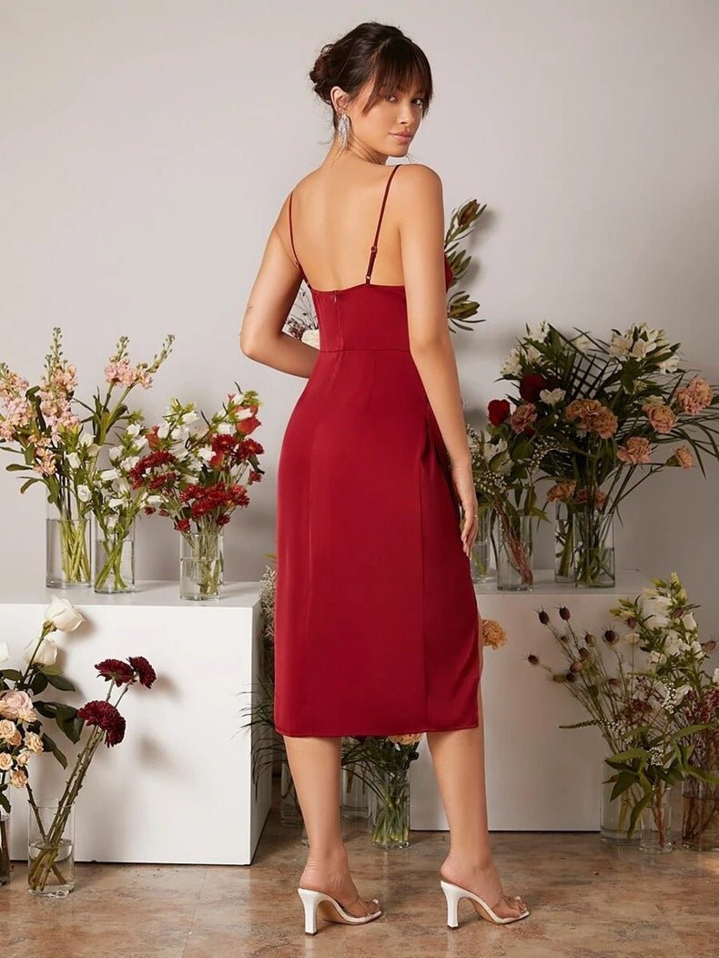 The Satin Starlet | Women's V-Neck Slit Satin Suspender Midi Dress