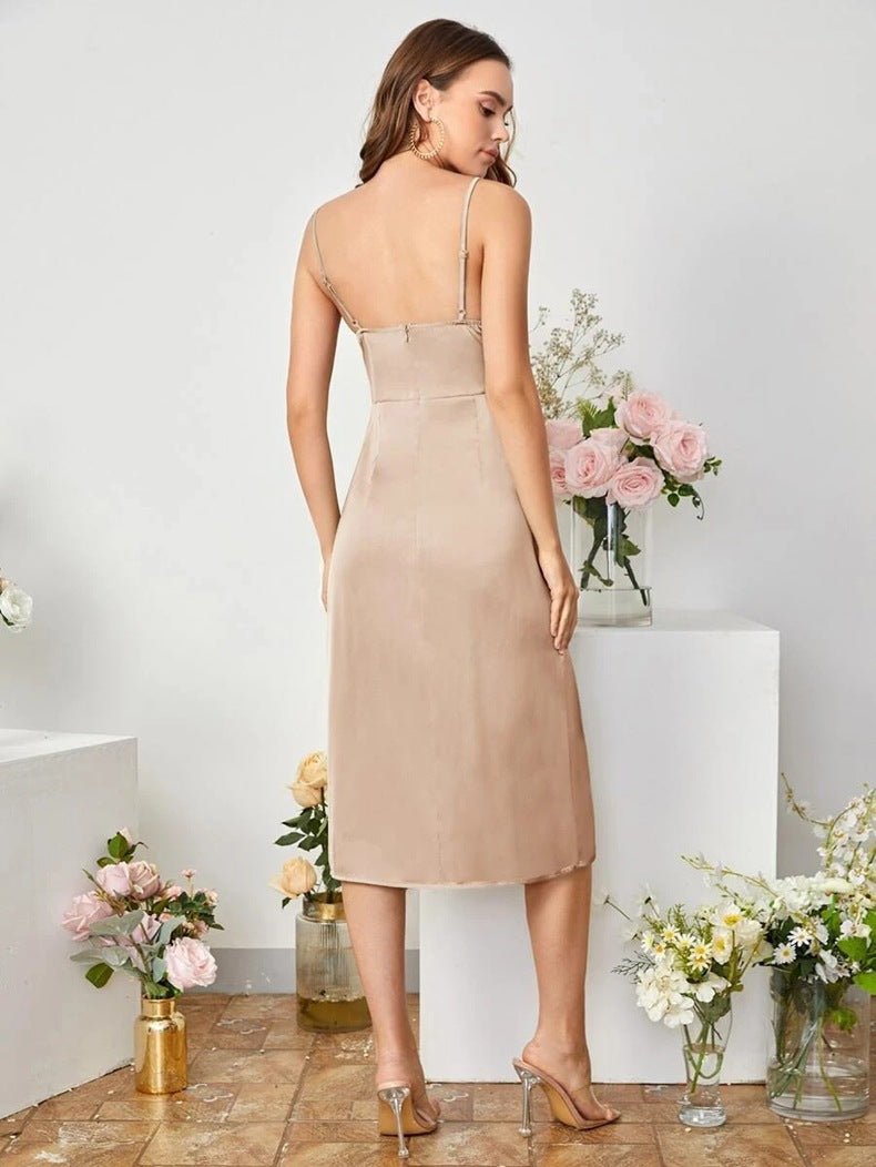 The Satin Starlet | Women's V-Neck Slit Satin Suspender Midi Dress