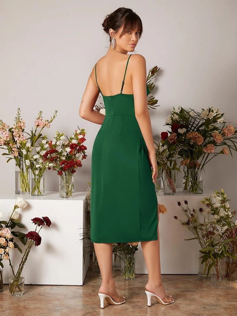 The Satin Starlet | Women's V-Neck Slit Satin Suspender Midi Dress