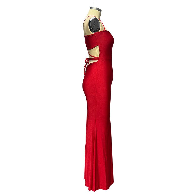 The Bold Allure | Solid Color One-Shoulder Backless Suspender Maxi Dress
