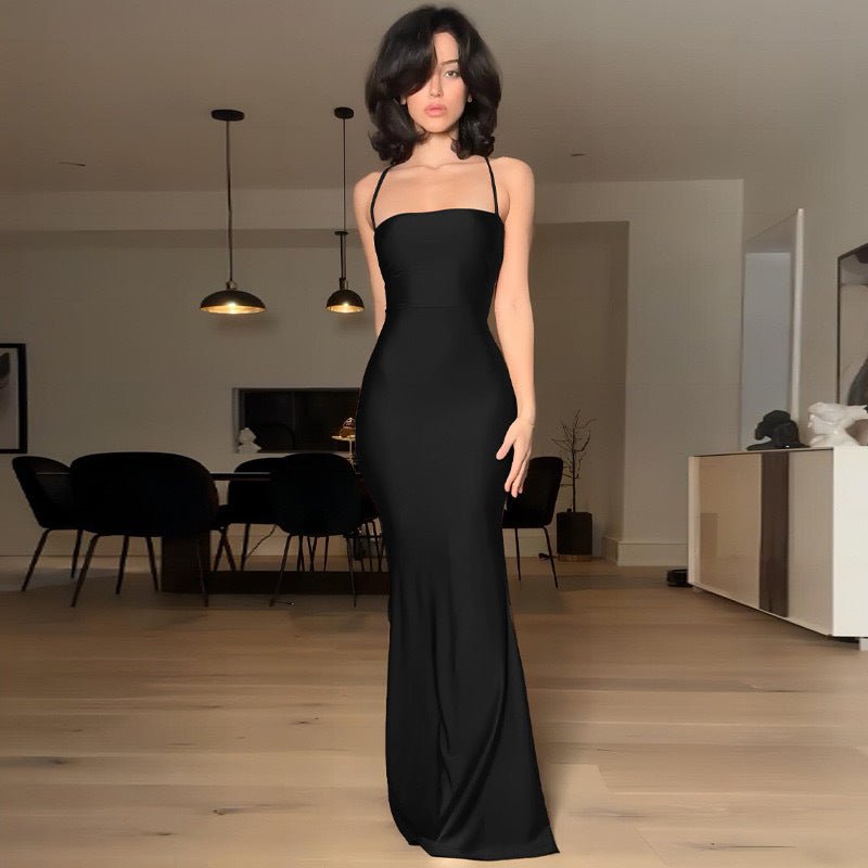 The Bold Allure | Solid Color One-Shoulder Backless Suspender Maxi Dress