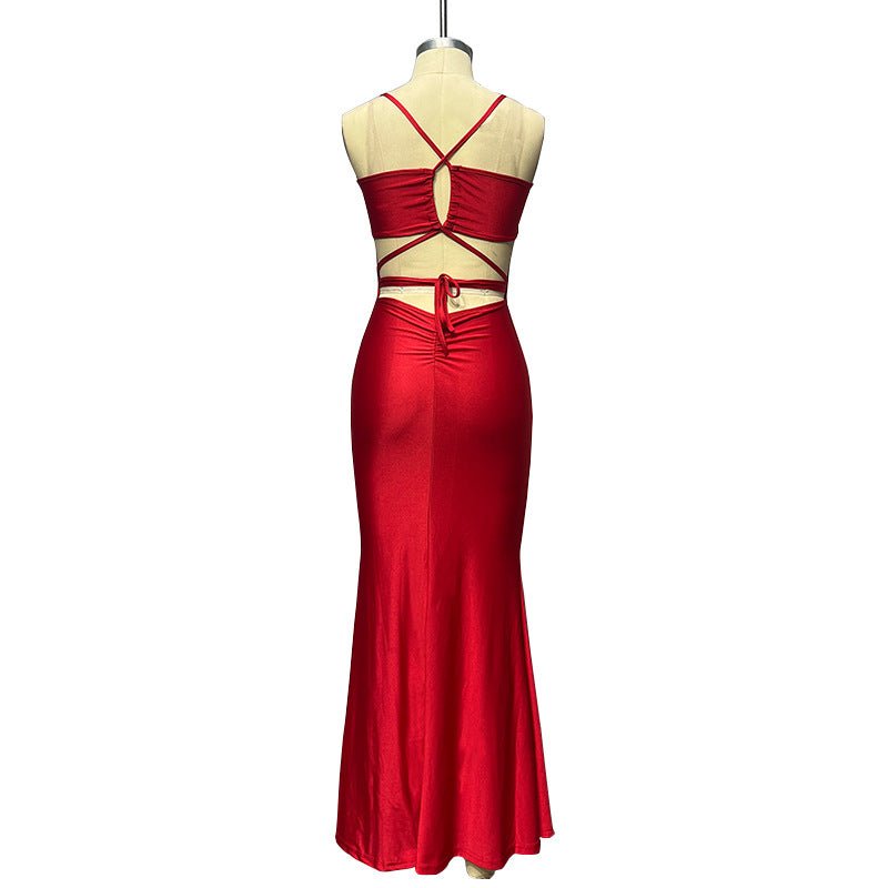The Bold Allure | Solid Color One-Shoulder Backless Suspender Maxi Dress