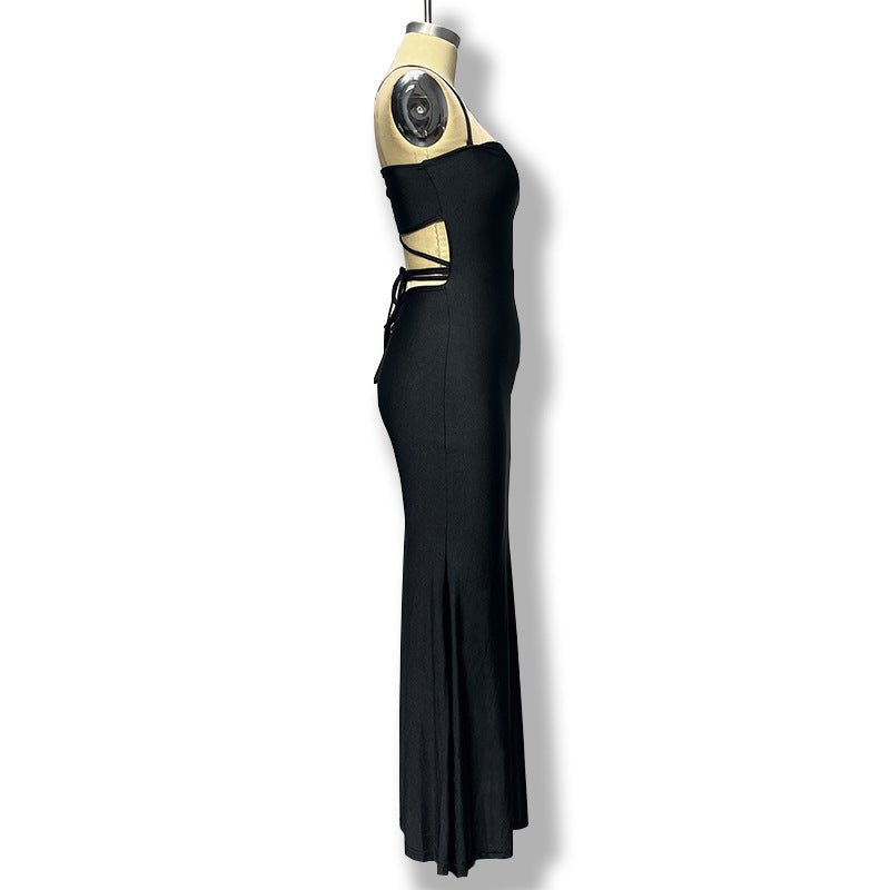 The Bold Allure | Solid Color One-Shoulder Backless Suspender Maxi Dress