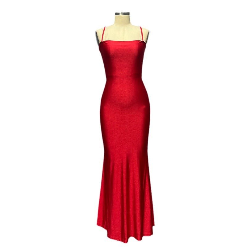 The Bold Allure | Solid Color One-Shoulder Backless Suspender Maxi Dress