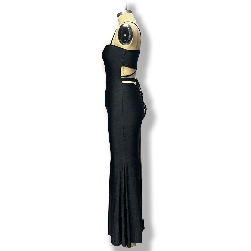 The Bold Allure | Solid Color One-Shoulder Backless Suspender Maxi Dress