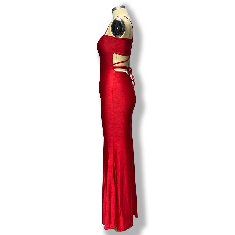 The Bold Allure | Solid Color One-Shoulder Backless Suspender Maxi Dress