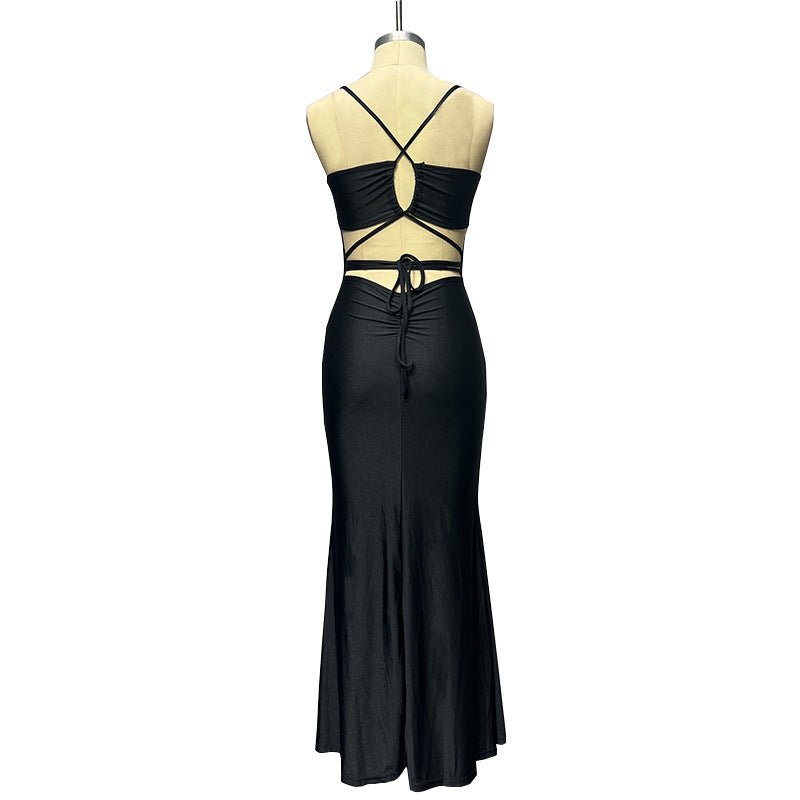 The Bold Allure | Solid Color One-Shoulder Backless Suspender Maxi Dress