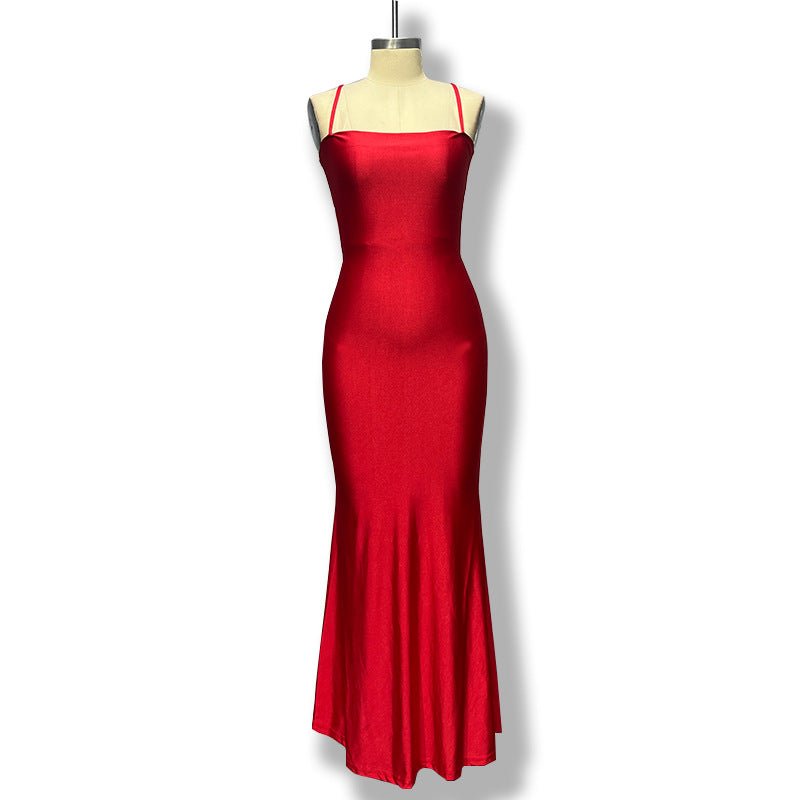 The Bold Allure | Solid Color One-Shoulder Backless Suspender Maxi Dress