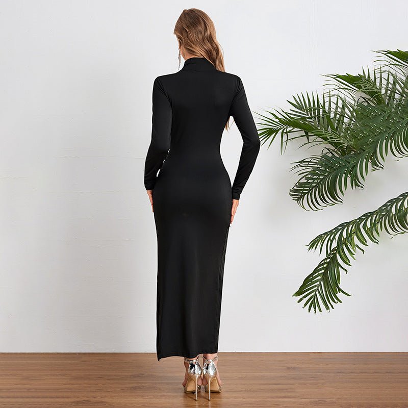 The Autumn Slit | Women's Half-Turtleneck Pleated Slit Long-Sleeve Maxi Dress