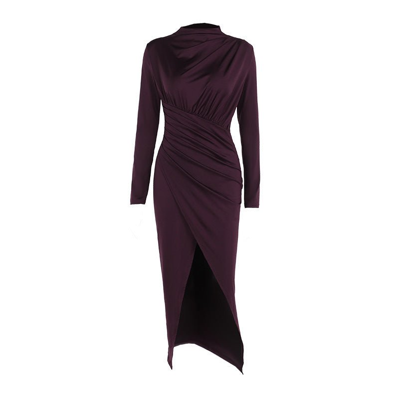 The Autumn Slit | Women's Half-Turtleneck Pleated Slit Long-Sleeve Maxi Dress