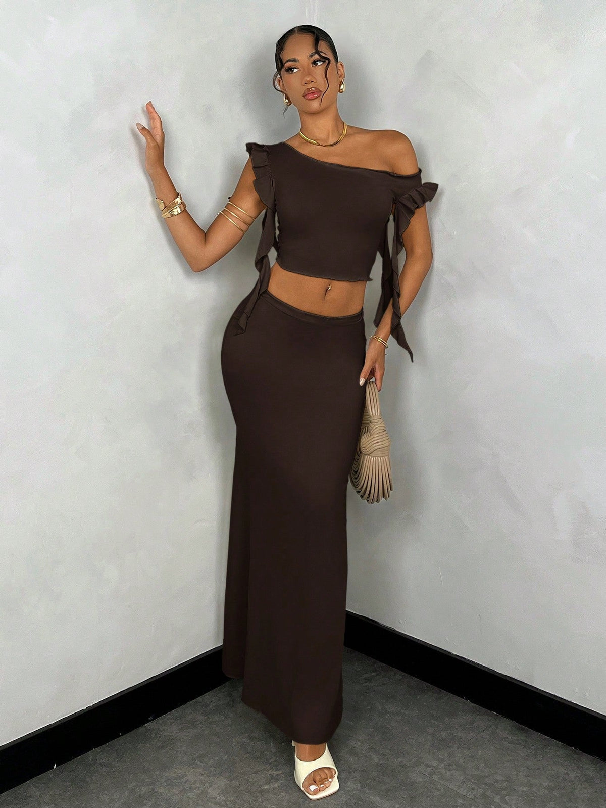 BAE Summer Solid Color Asymmetrical Neck Ruffle Top + Satin Mermaid Skirt