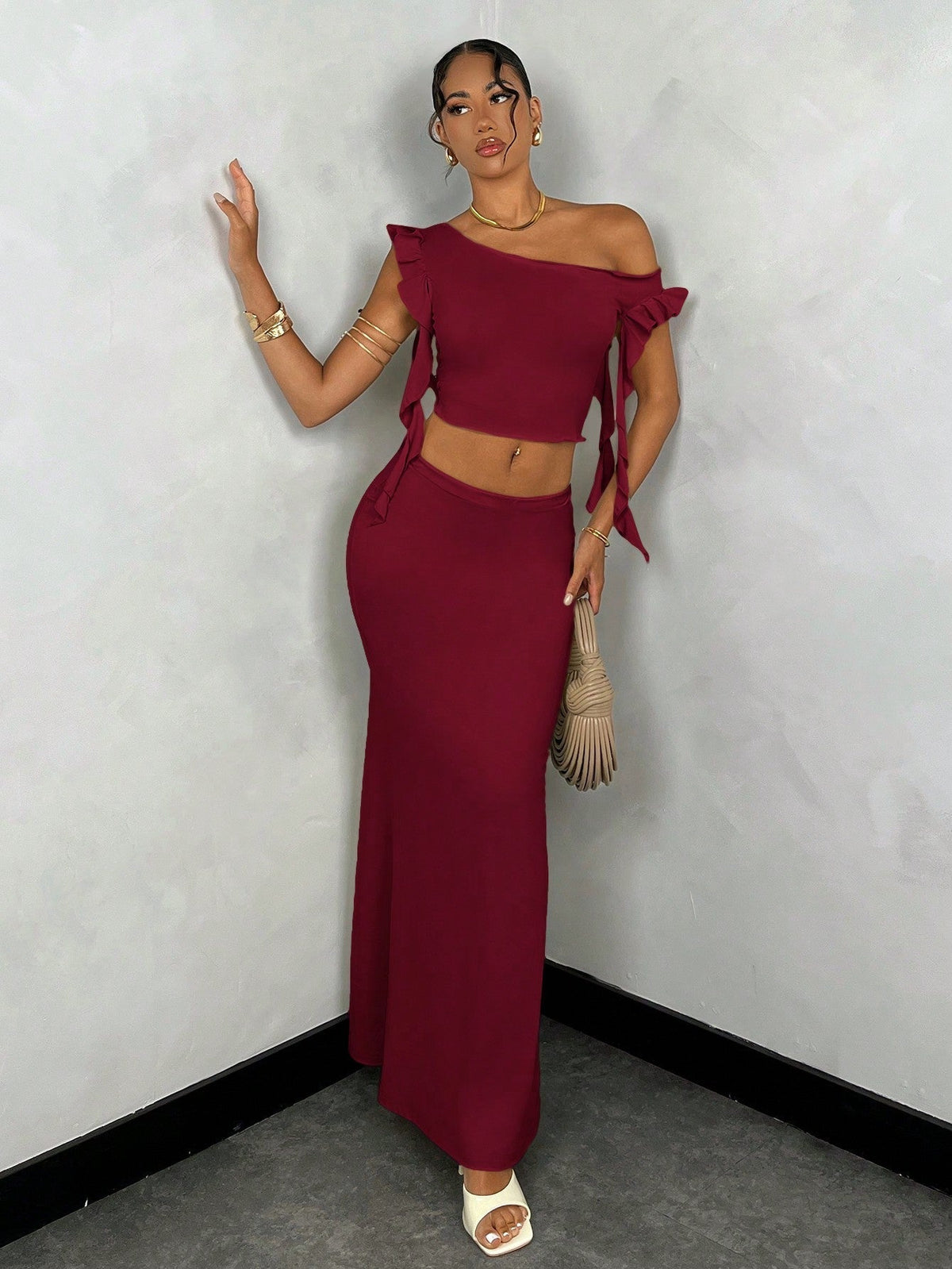 BAE Summer Solid Color Asymmetrical Neck Ruffle Top + Satin Mermaid Skirt