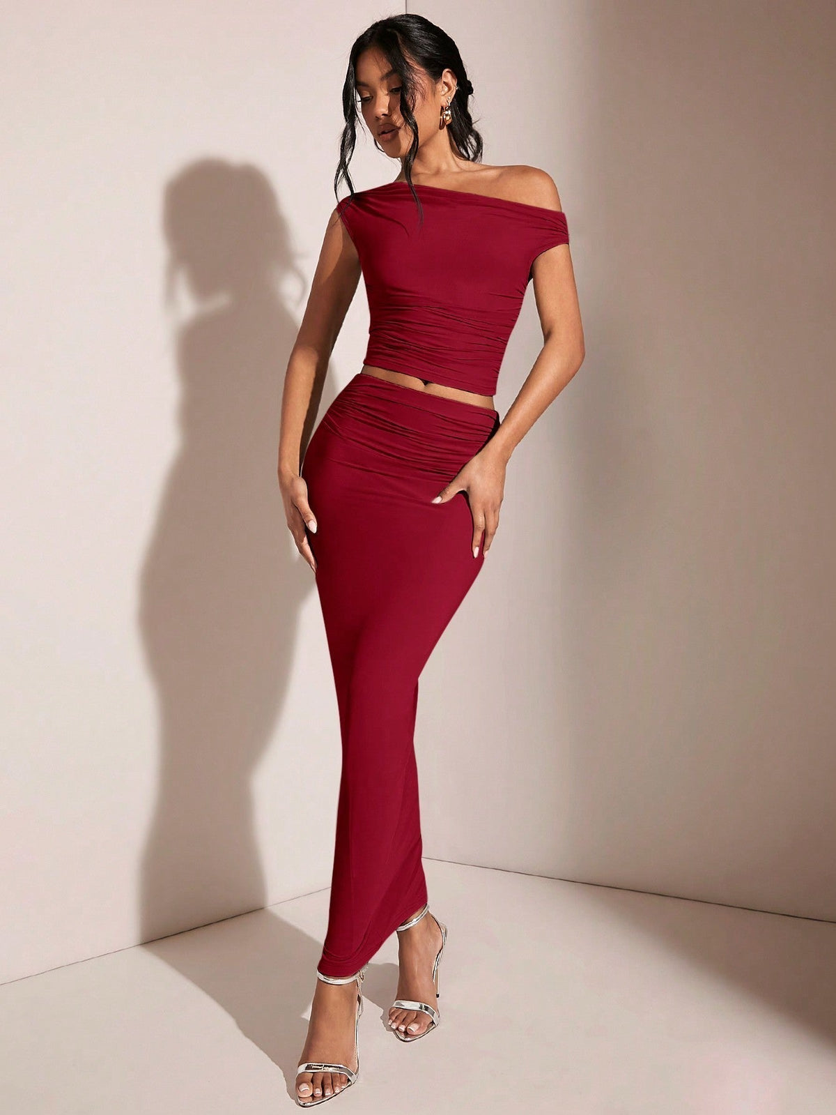 BAE Women's Asymmetric Neck Asymmetrical Neck Top And Pleated Elegant Skirt Set