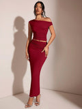 BAE Women's Asymmetric Neck Asymmetrical Neck Top And Pleated Elegant Skirt Set