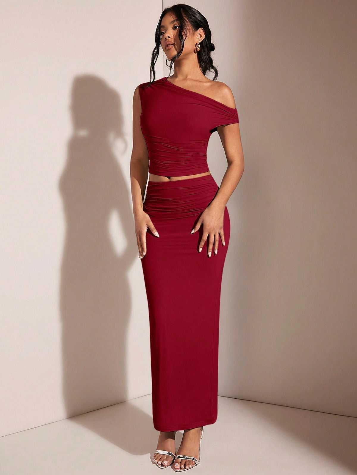 BAE Women's Asymmetric Neck Asymmetrical Neck Top And Pleated Elegant Skirt Set