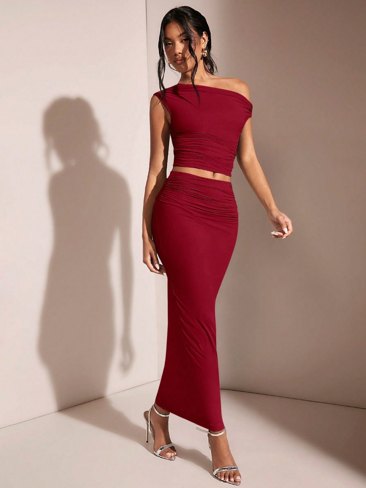BAE Women's Asymmetric Neck Asymmetrical Neck Top And Pleated Elegant Skirt Set