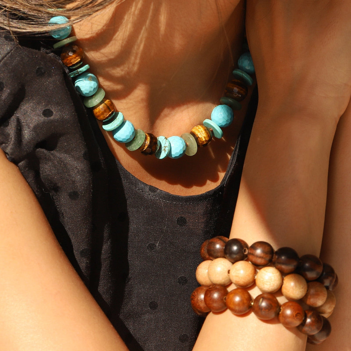 Wood Beaded & Leather Bracelet