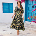 Bat sleeves V-neck waist long dress beach vacation dress women