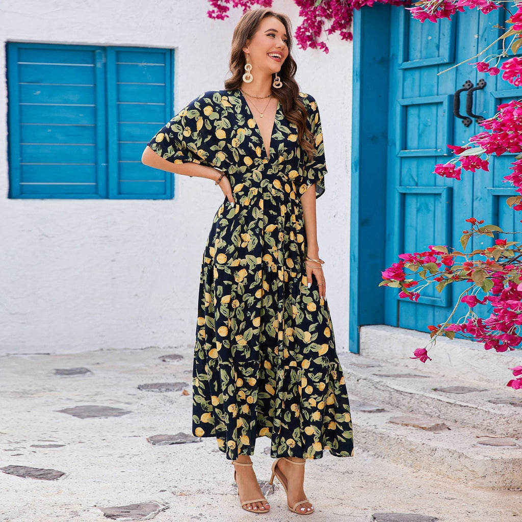 Bat sleeves V-neck waist long dress beach vacation dress women