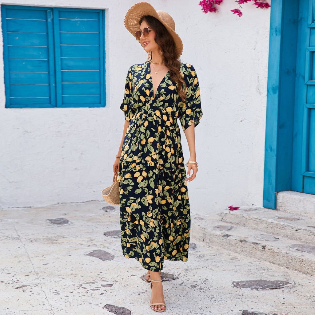 Bat sleeves V-neck waist long dress beach vacation dress women