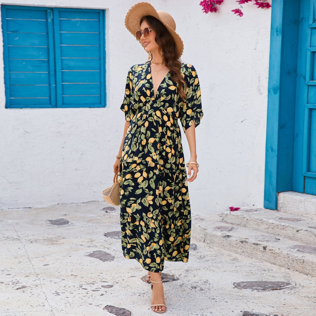 Bat sleeves V-neck waist long dress beach vacation dress women