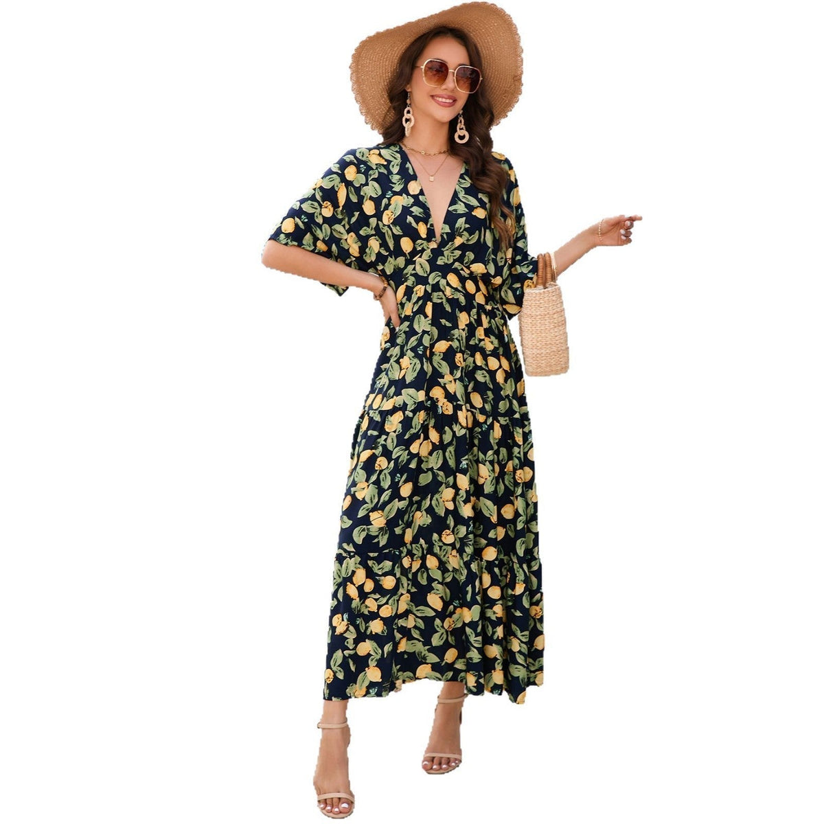 Bat sleeves V-neck waist long dress beach vacation dress women