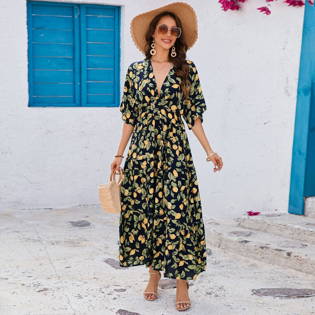 Bat sleeves V-neck waist long dress beach vacation dress women