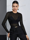 BIZwear Black Ladies' Round Neck Hollow Out Lace Top With Elasticity