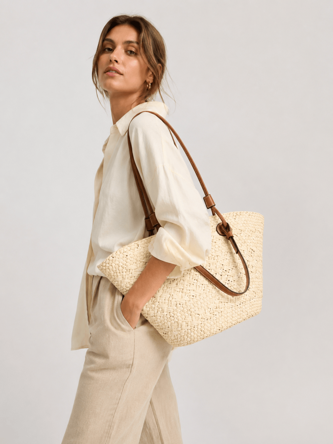 straw and leather tote bag