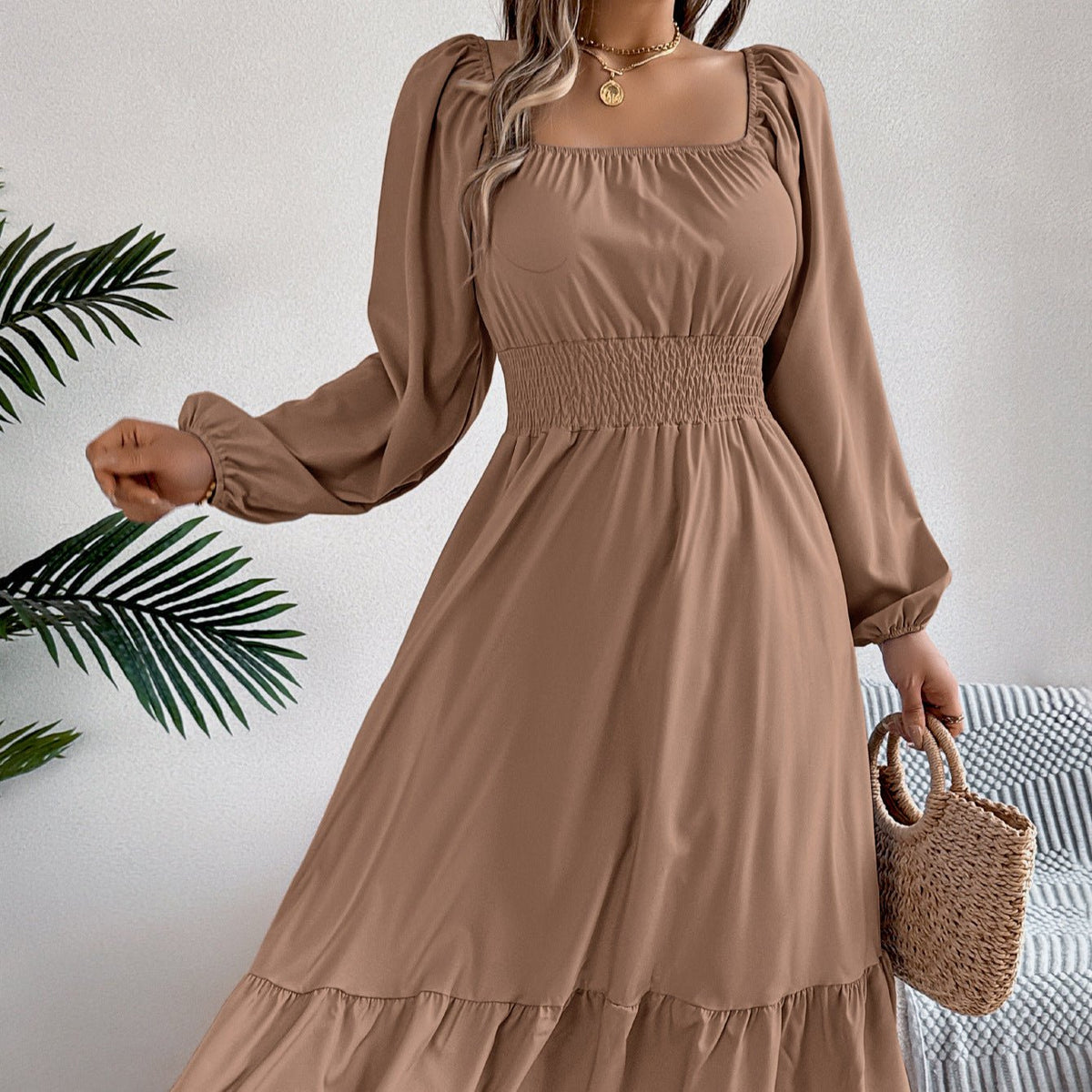 The Ruffled Charm | Solid Color Square-Neck Ruffled A-Line Midi Dress