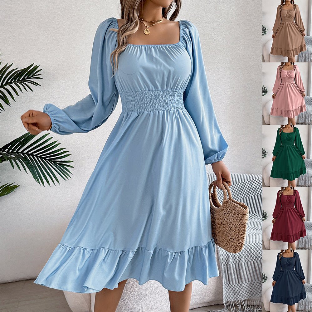 The Ruffled Charm | Solid Color Square-Neck Ruffled A-Line Midi Dress