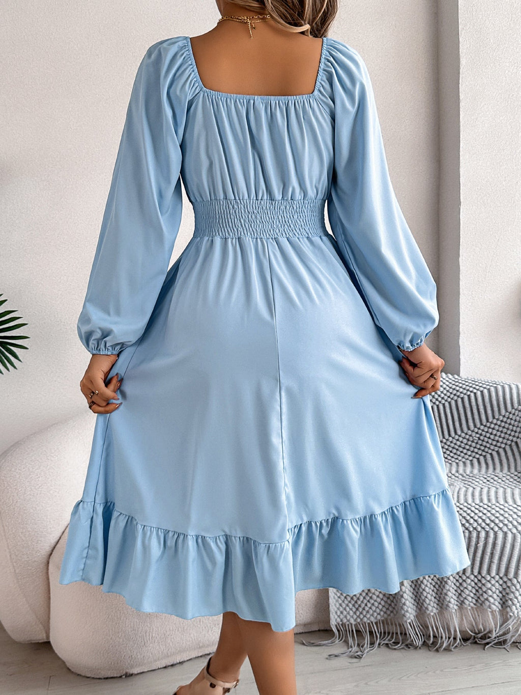 The Ruffled Charm | Solid Color Square-Neck Ruffled A-Line Midi Dress
