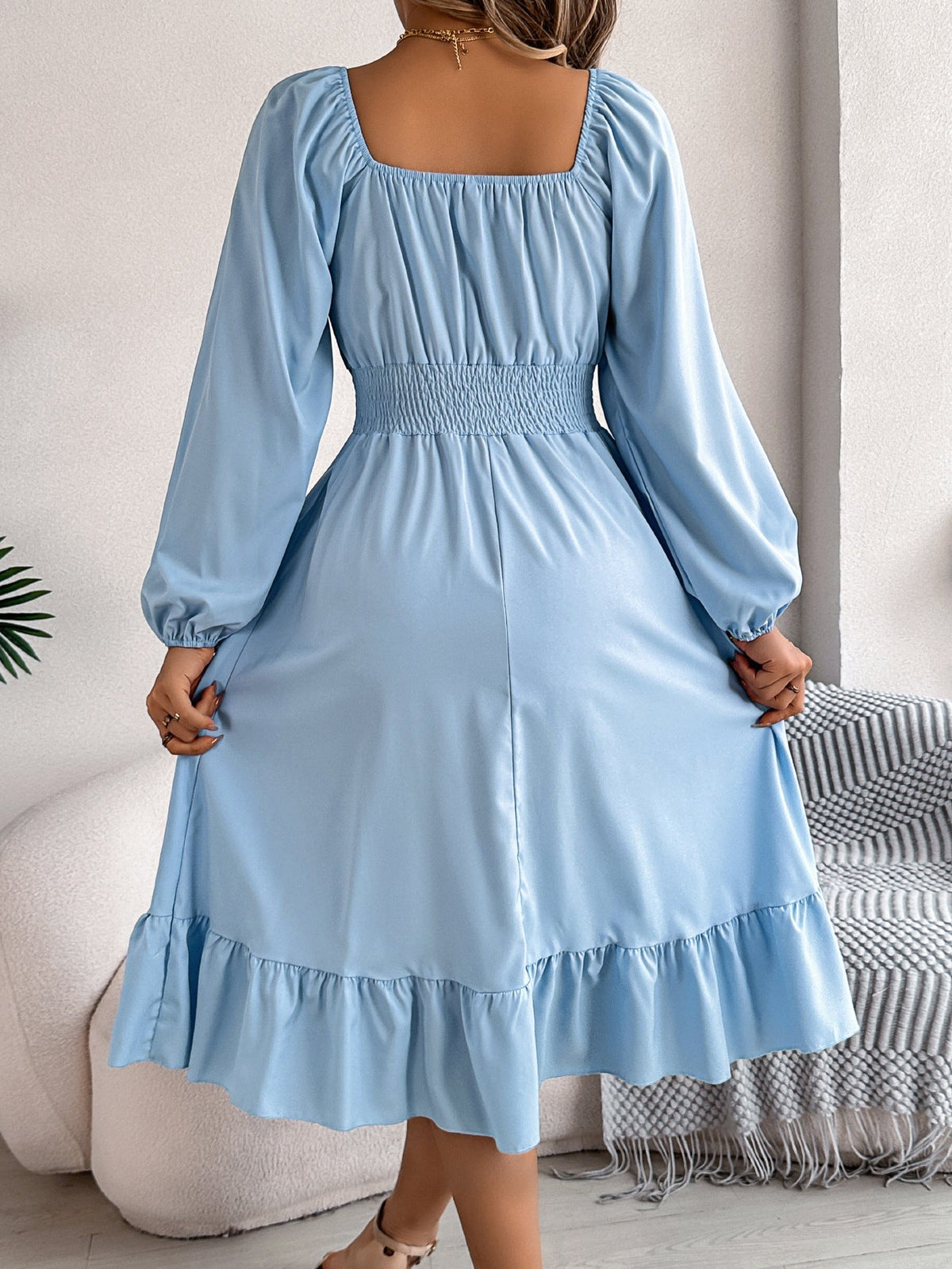 The Ruffled Charm | Solid Color Square-Neck Ruffled A-Line Midi Dress