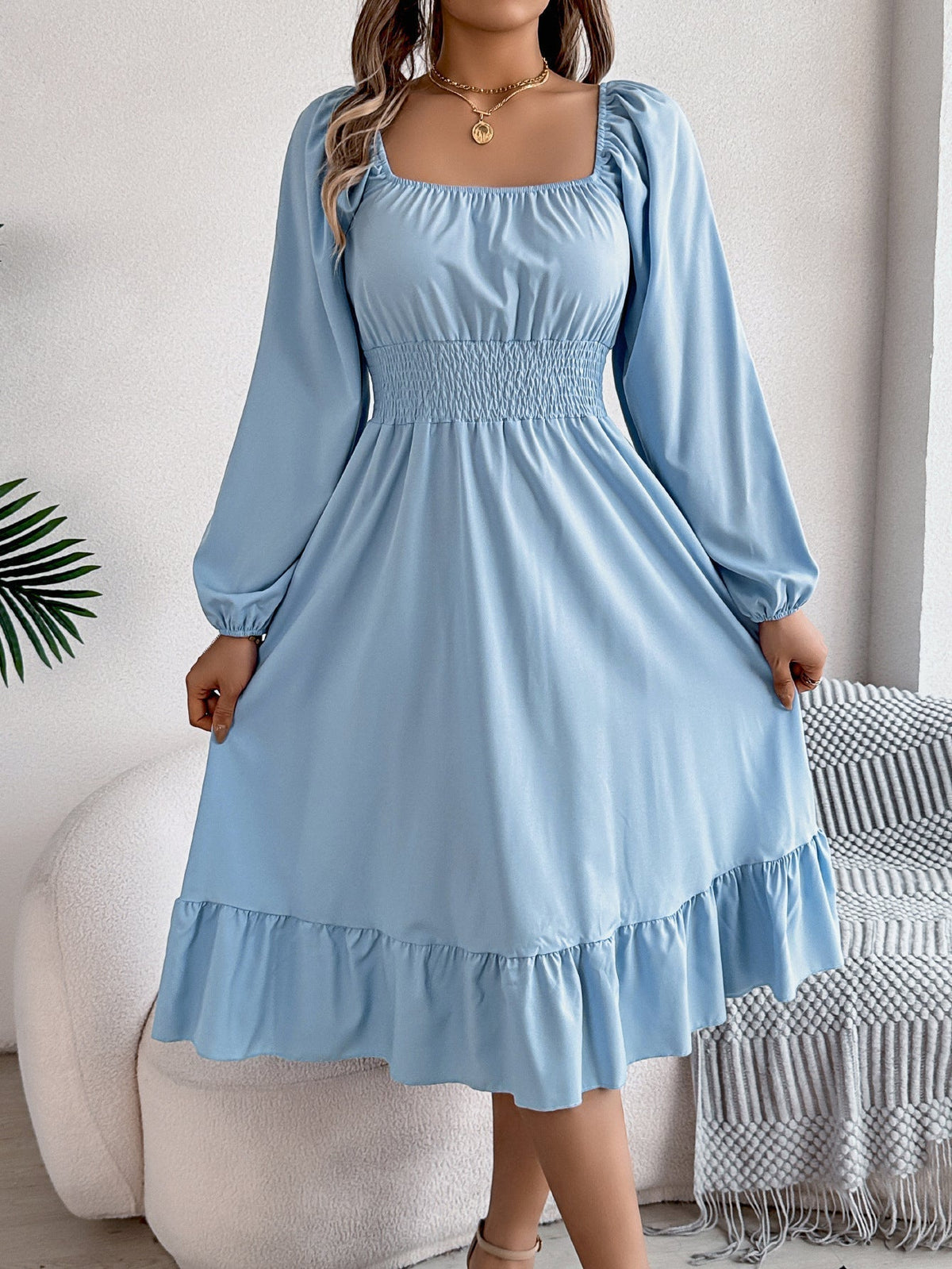 The Ruffled Charm | Solid Color Square-Neck Ruffled A-Line Midi Dress