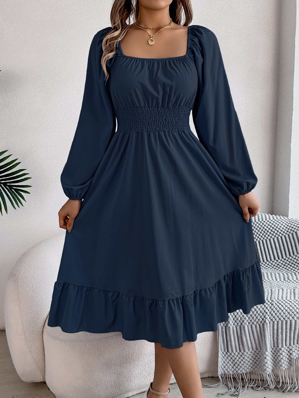 The Ruffled Charm | Solid Color Square-Neck Ruffled A-Line Midi Dress
