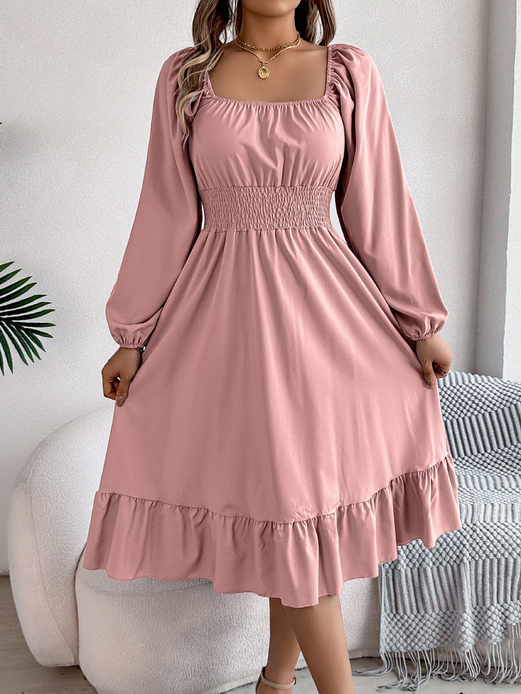 The Ruffled Charm | Solid Color Square-Neck Ruffled A-Line Midi Dress