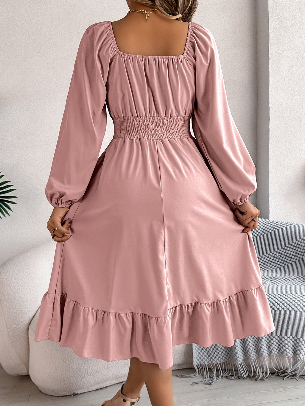 The Ruffled Charm | Solid Color Square-Neck Ruffled A-Line Midi Dress