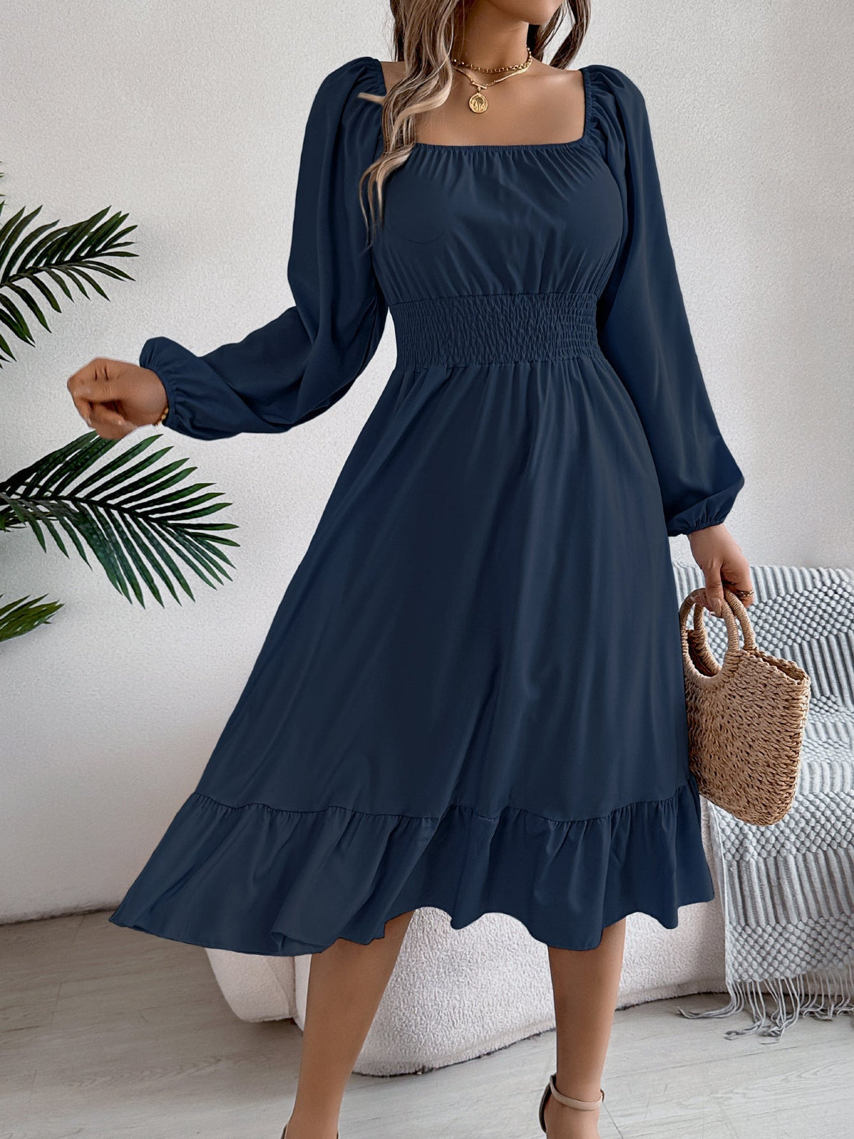 The Ruffled Charm | Solid Color Square-Neck Ruffled A-Line Midi Dress