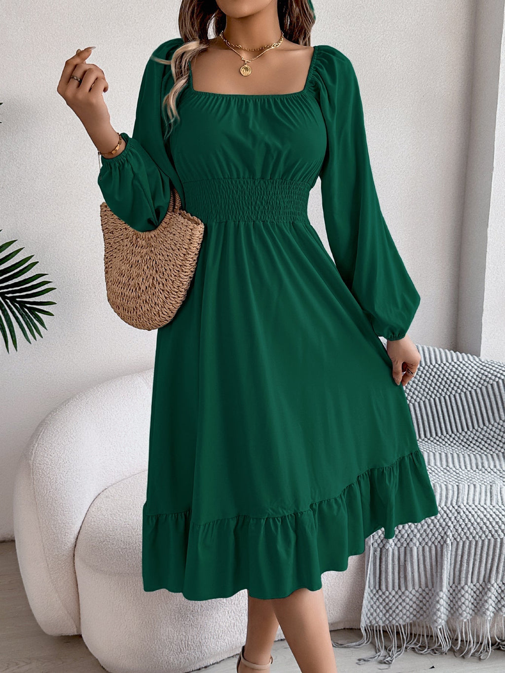 The Ruffled Charm | Solid Color Square-Neck Ruffled A-Line Midi Dress