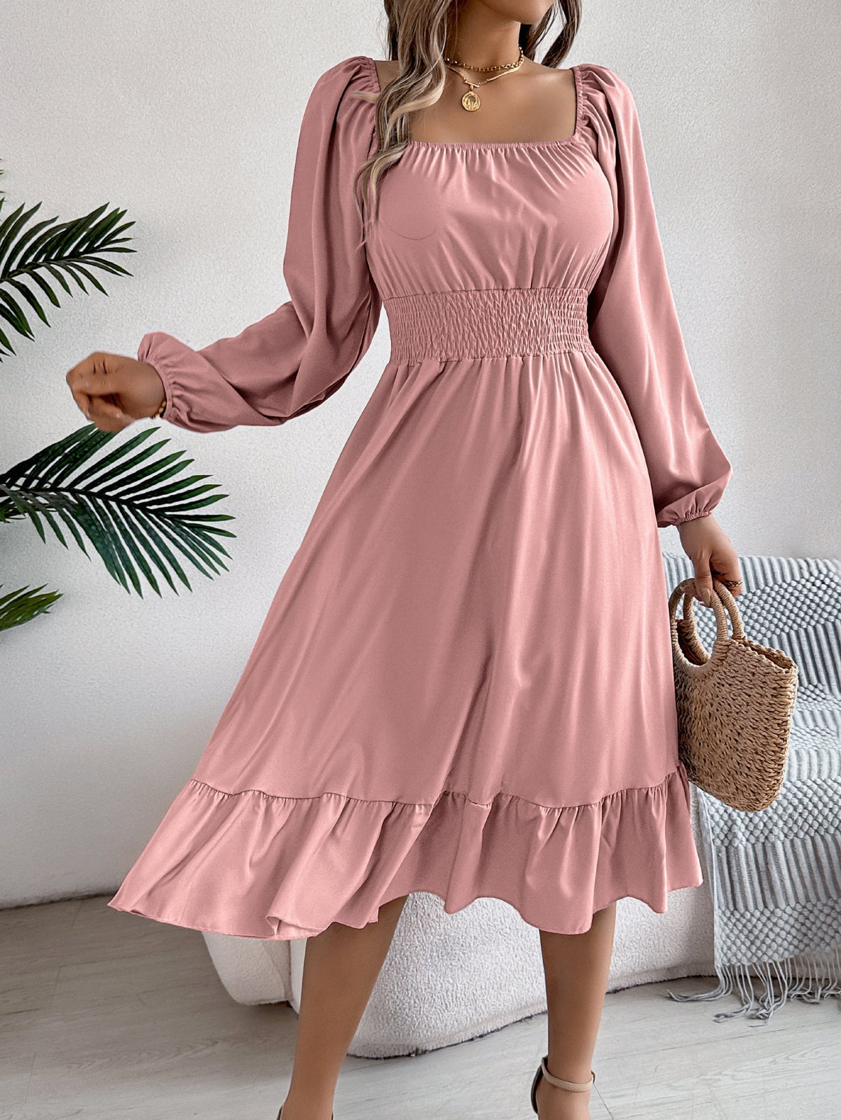 The Ruffled Charm | Solid Color Square-Neck Ruffled A-Line Midi Dress