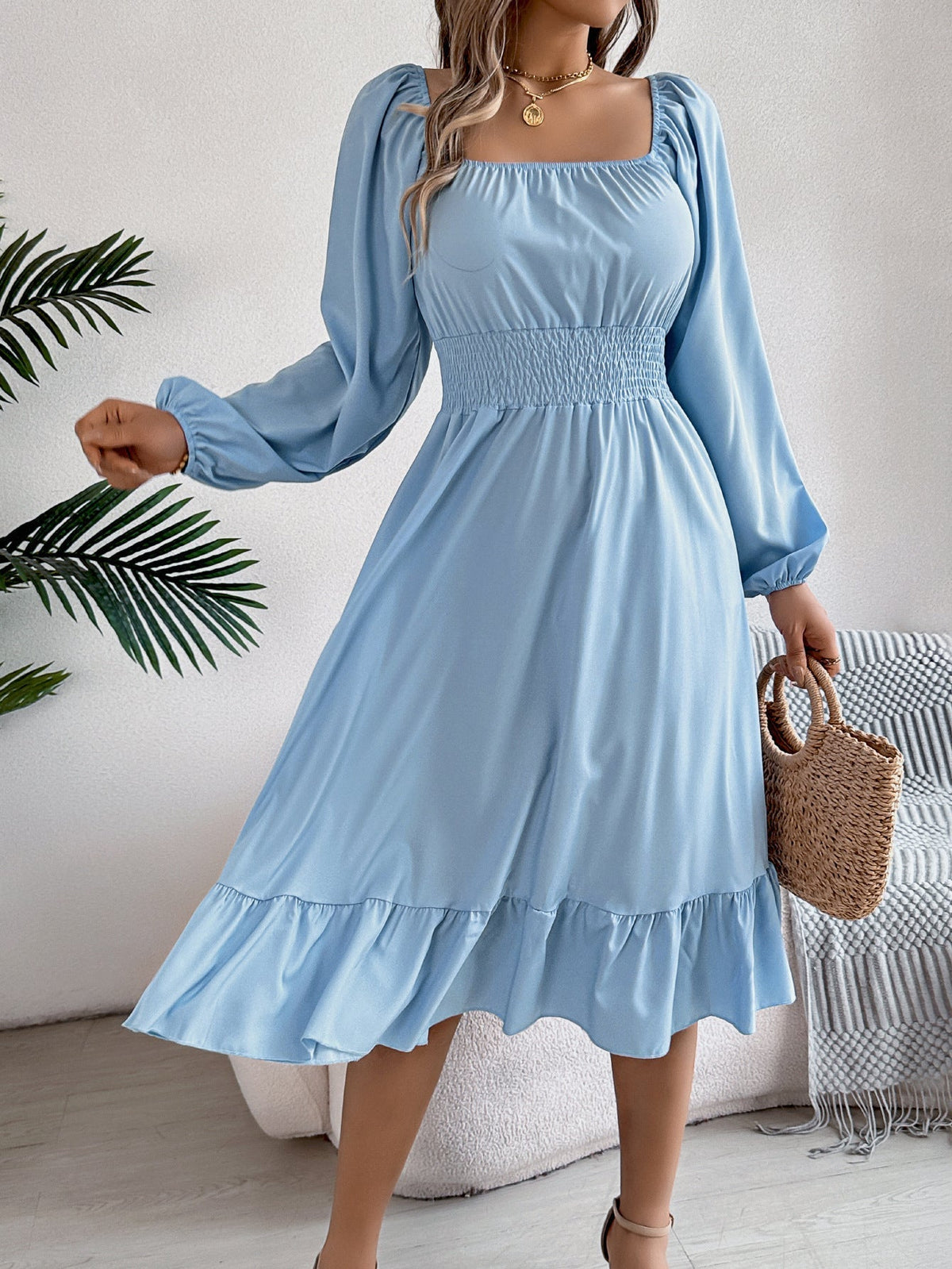 The Ruffled Charm | Solid Color Square-Neck Ruffled A-Line Midi Dress