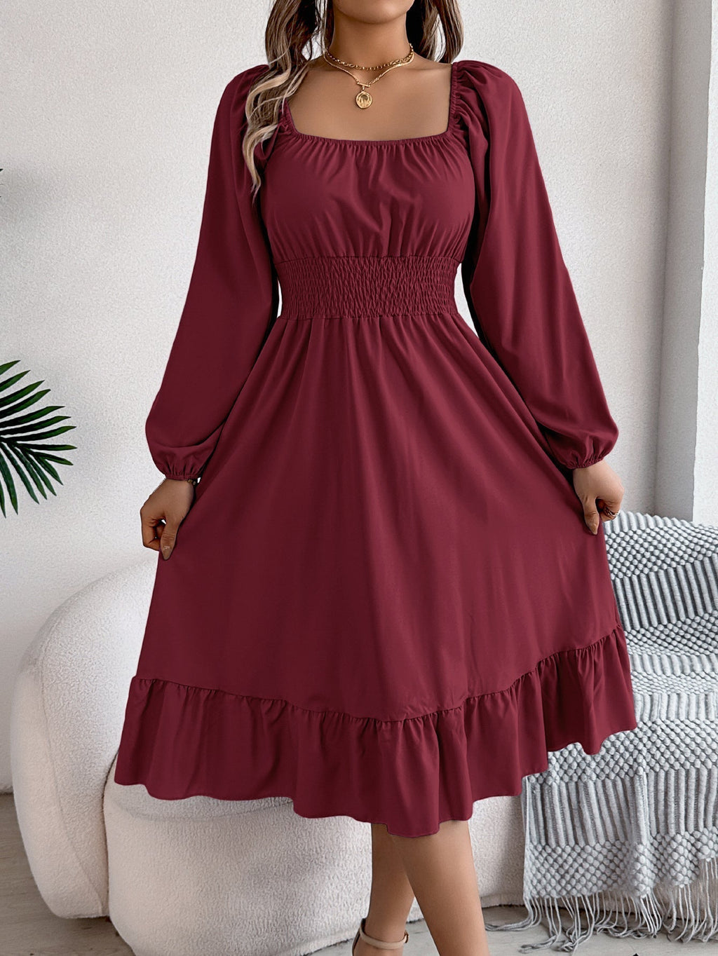 The Ruffled Charm | Solid Color Square-Neck Ruffled A-Line Midi Dress